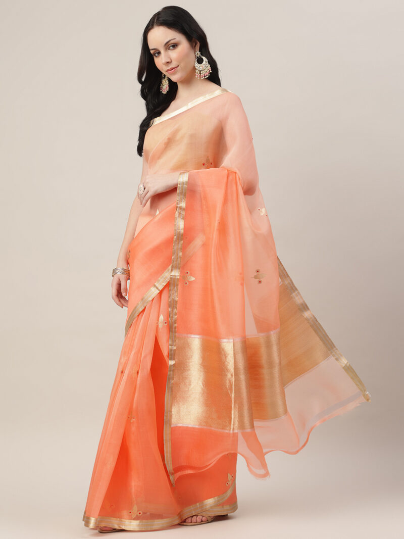OMBRE PEACH KORA SILK KADWA WEAVE BANARASI SAREE - Image 2