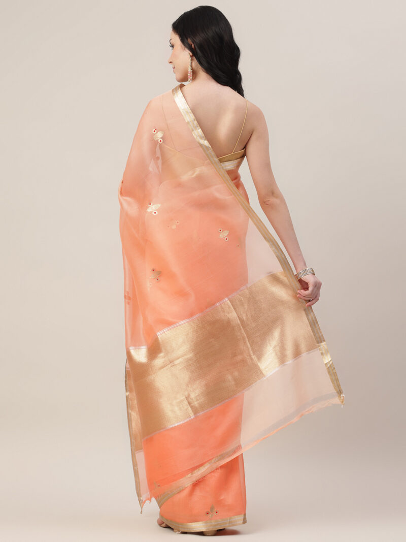 OMBRE PEACH KORA SILK KADWA WEAVE BANARASI SAREE - Image 3
