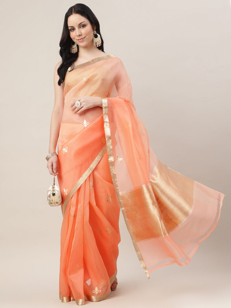 OMBRE PEACH KORA SILK KADWA WEAVE BANARASI SAREE - Image 4