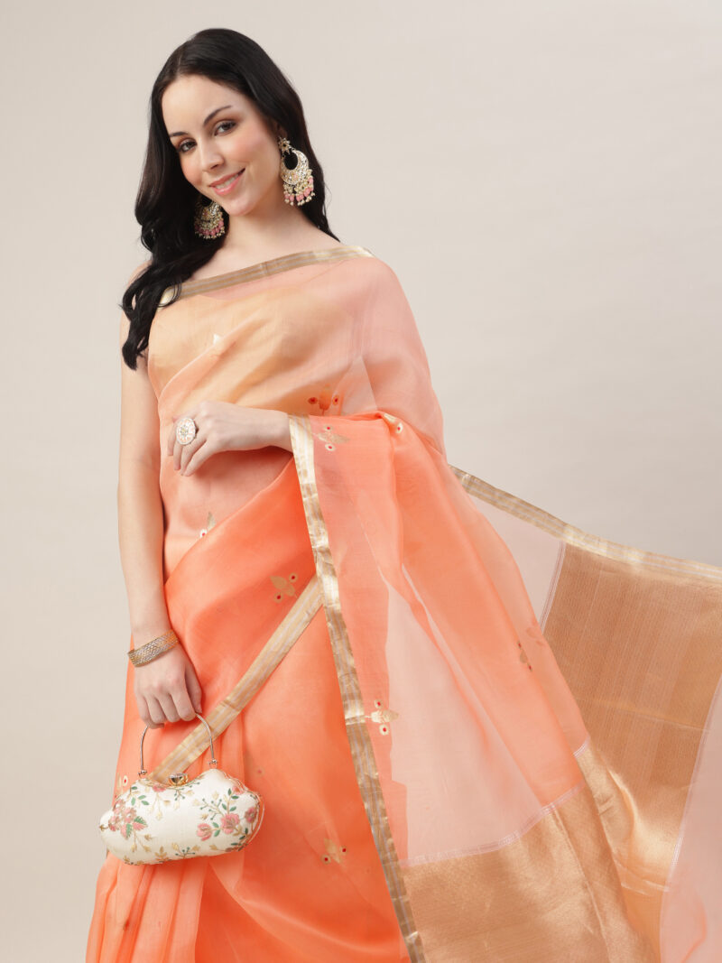 OMBRE PEACH KORA SILK KADWA WEAVE BANARASI SAREE - Image 5