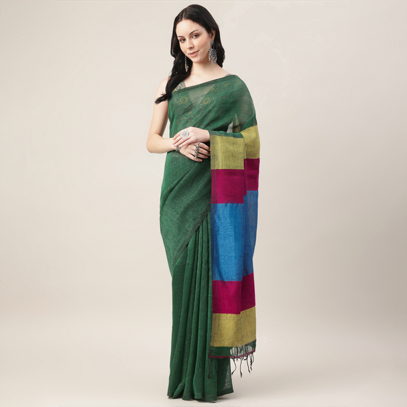 Rangrez – Linen by Linen Jamdani Saree with Multicolour Pallu