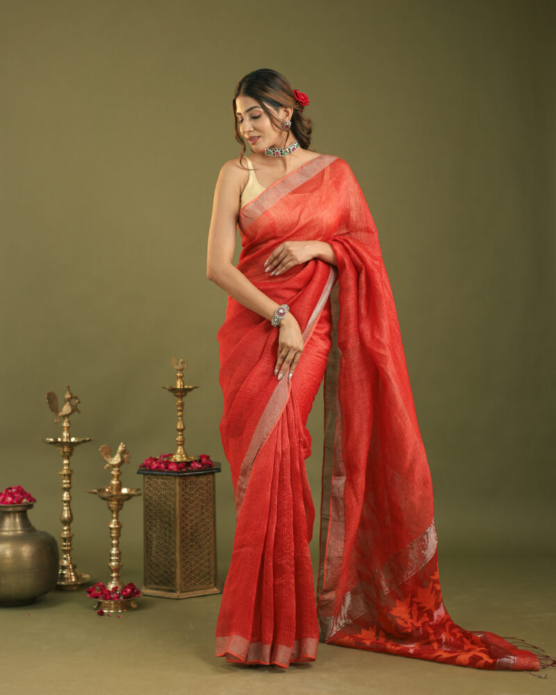 Raaya Neon Red Banarasi Saree - Image 2
