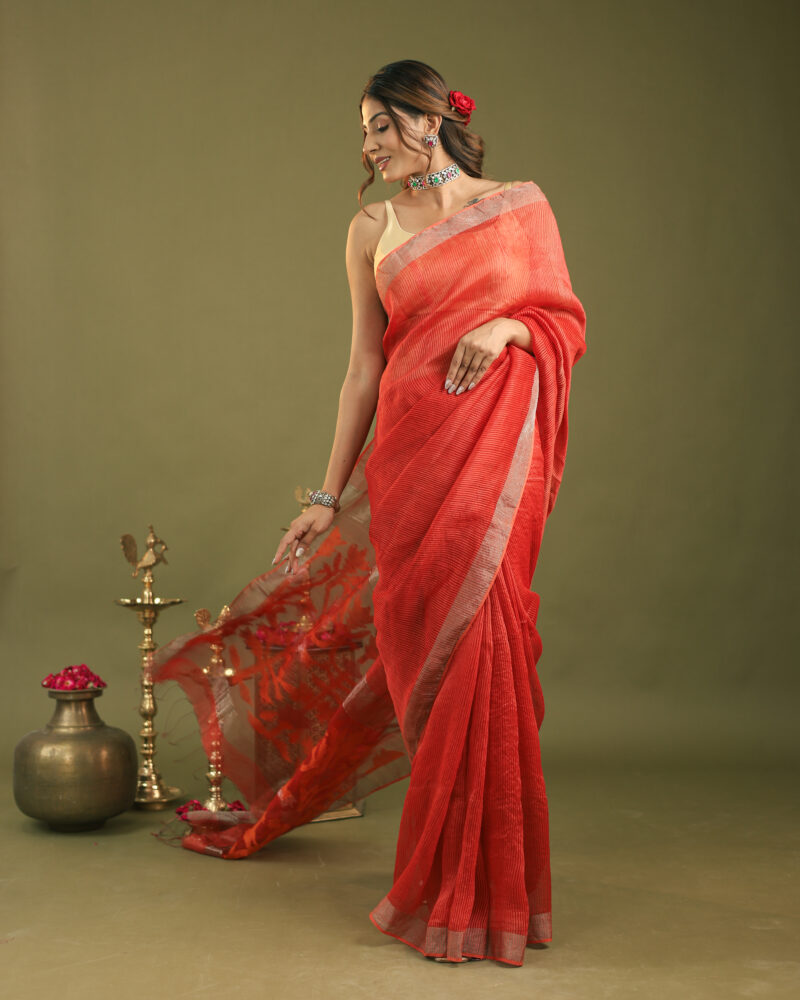 Raaya Neon Red Banarasi Saree - Image 3