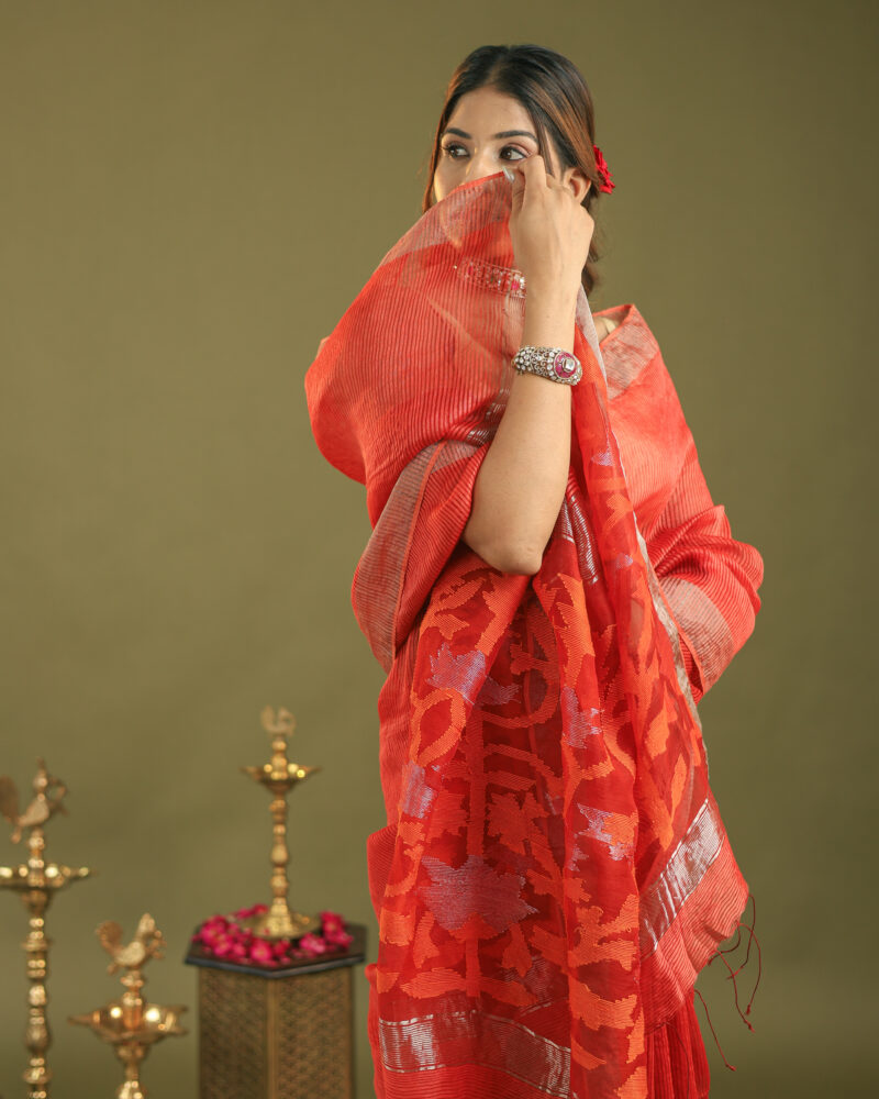 Raaya Neon Red Banarasi Saree - Image 5