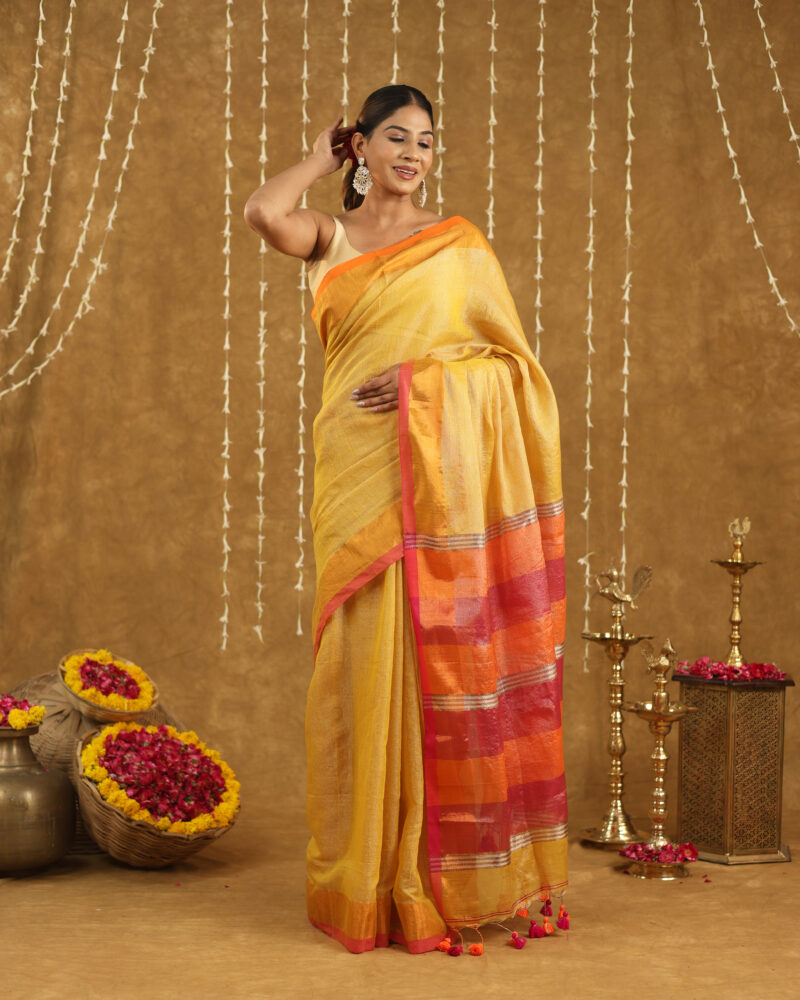 REKHARAGA  Yellow with Contrast Border & Multicolour Pallu