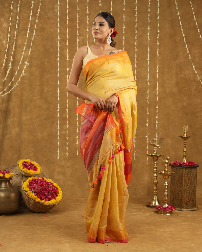 REKHARAGA  Yellow with Contrast Border & Multicolour Pallu - Image 3