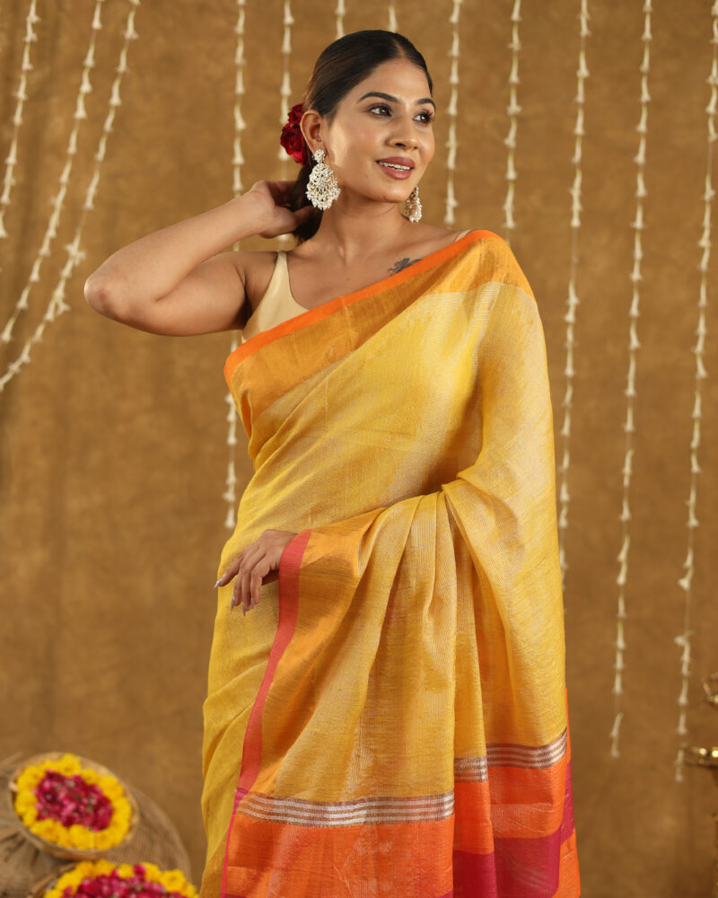 REKHARAGA  Yellow with Contrast Border & Multicolour Pallu - Image 6