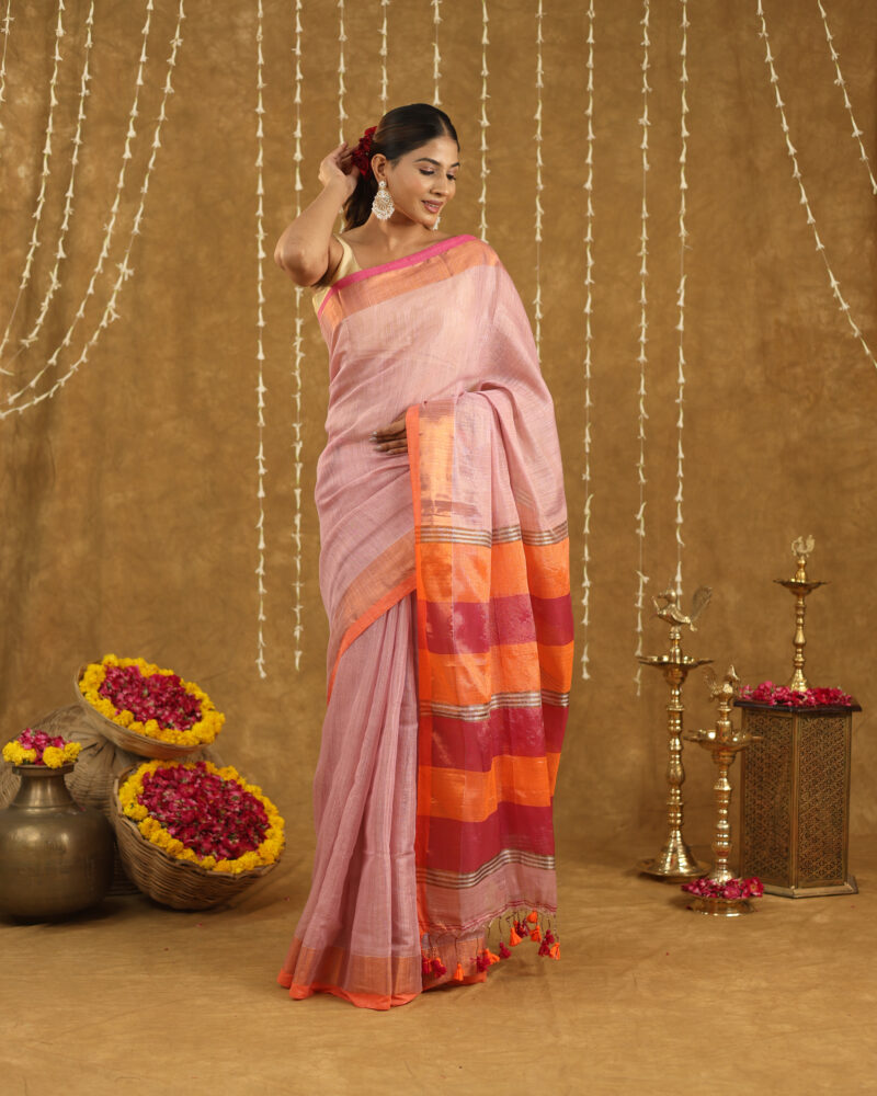 REKHARAAGA  Pastel Pink with Contrast Orange-Pink Border & Pallu