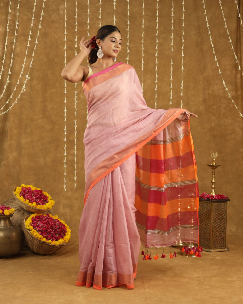 REKHARAAGA  Pastel Pink with Contrast Orange-Pink Border & Pallu - Image 2