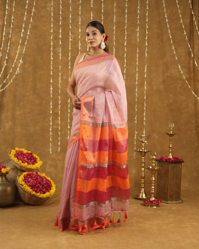 REKHARAAGA  Pastel Pink with Contrast Orange-Pink Border & Pallu - Image 3