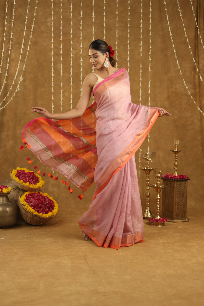 REKHARAAGA  Pastel Pink with Contrast Orange-Pink Border & Pallu - Image 4