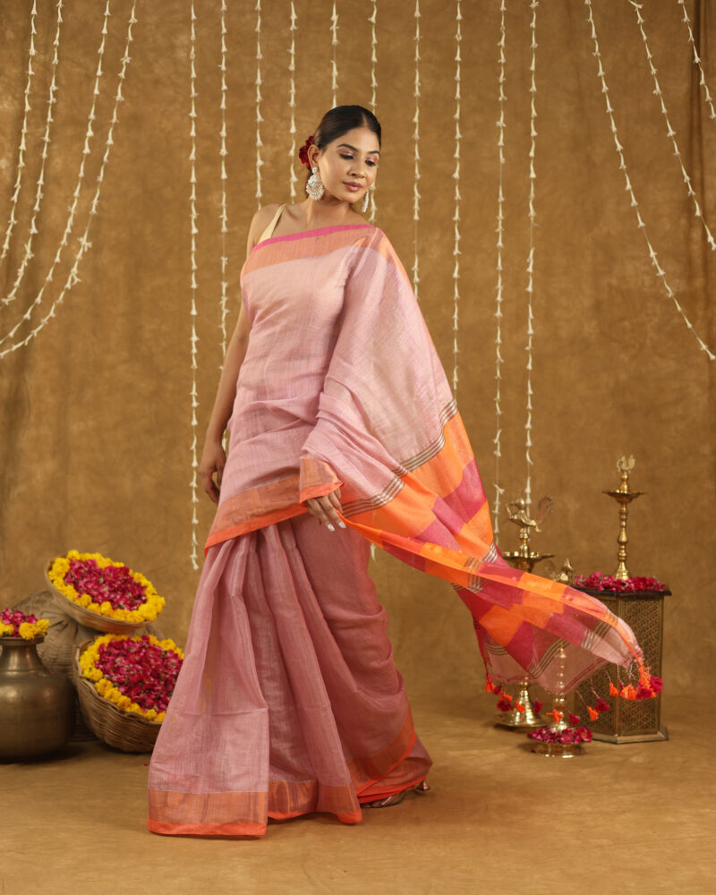 REKHARAAGA  Pastel Pink with Contrast Orange-Pink Border & Pallu - Image 5
