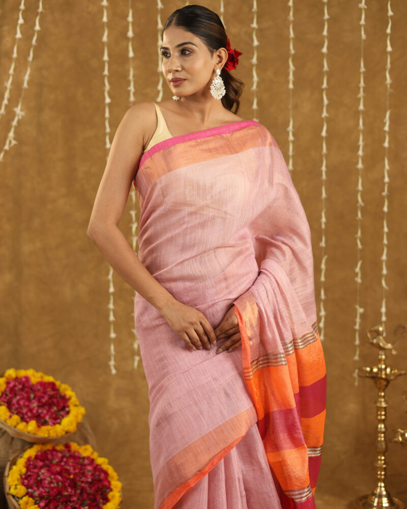 REKHARAAGA  Pastel Pink with Contrast Orange-Pink Border & Pallu - Image 6