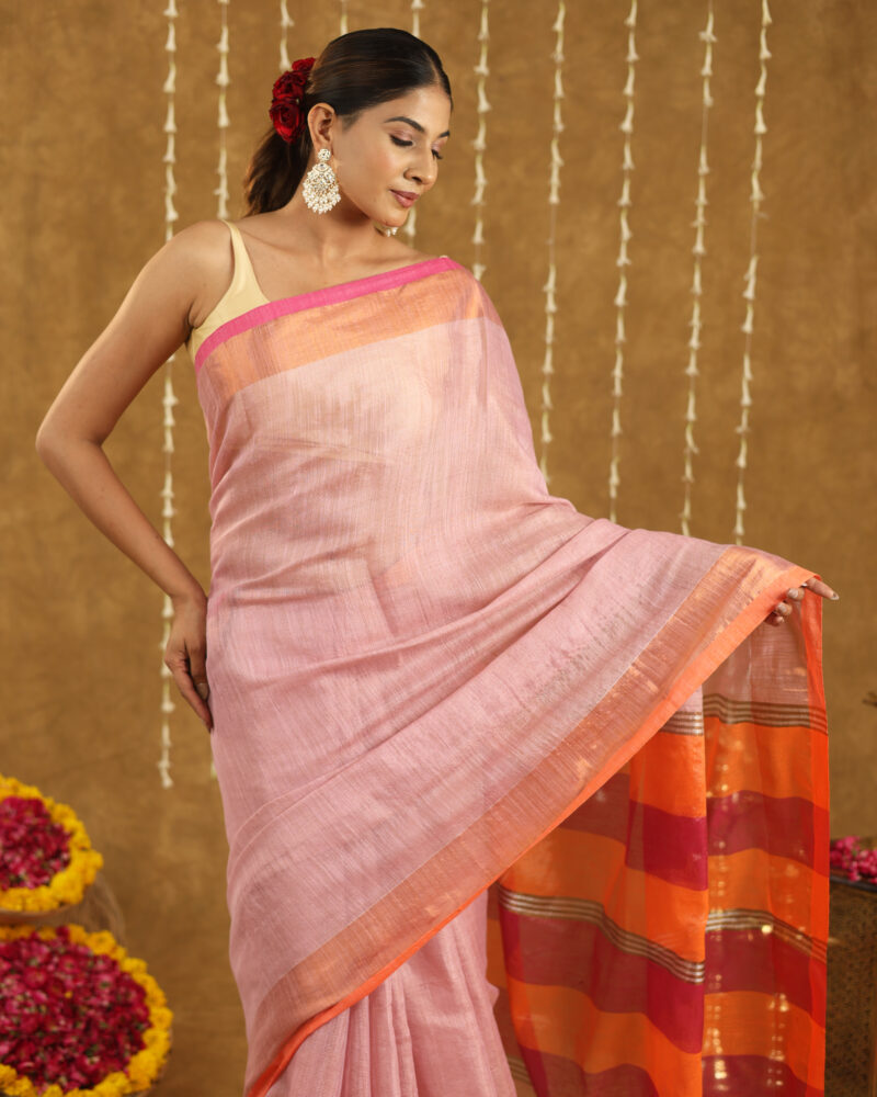 REKHARAAGA  Pastel Pink with Contrast Orange-Pink Border & Pallu - Image 7