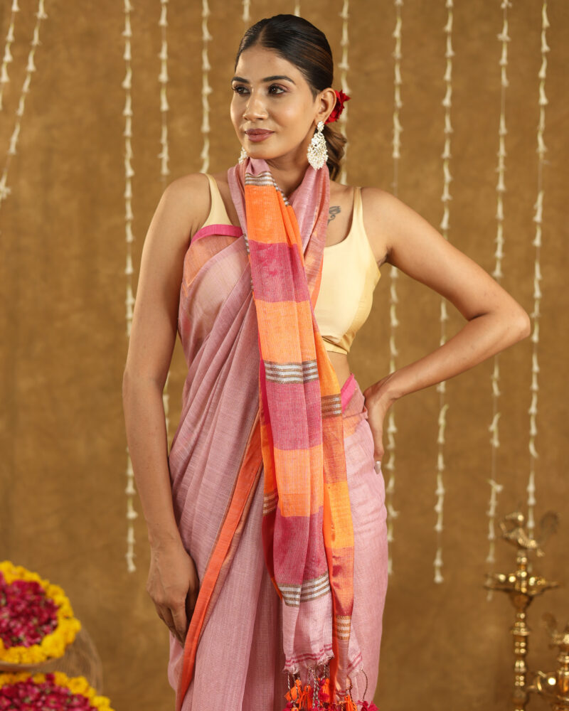 REKHARAAGA  Pastel Pink with Contrast Orange-Pink Border & Pallu - Image 9