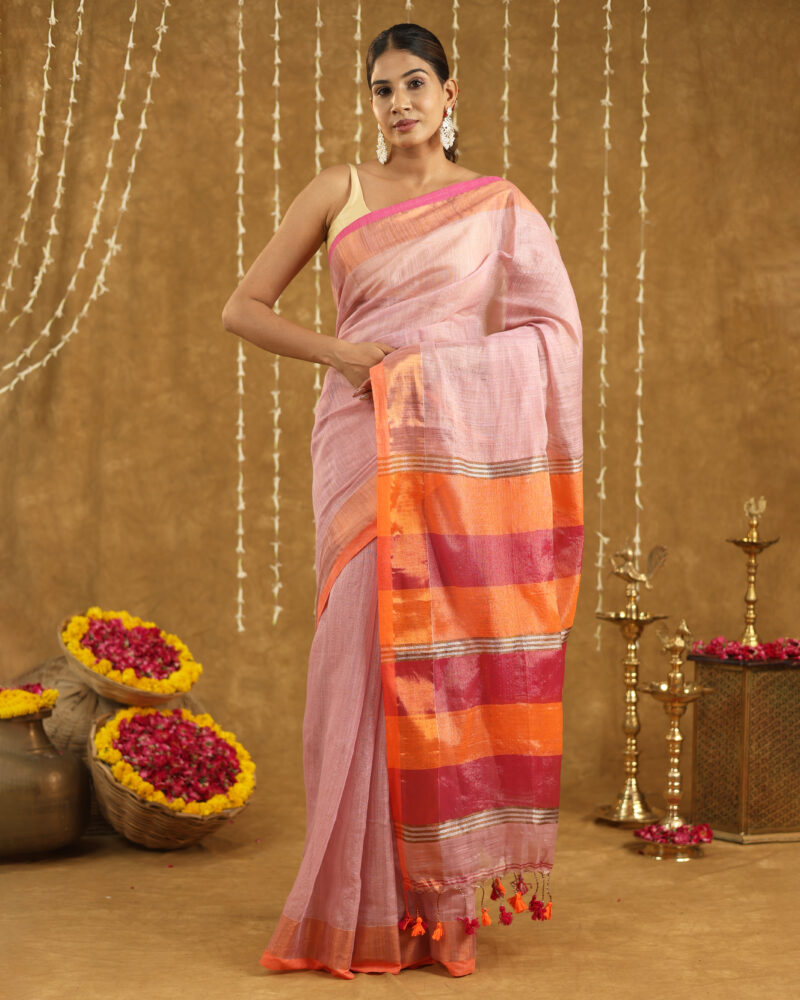 REKHARAAGA  Pastel Pink with Contrast Orange-Pink Border & Pallu - Image 10