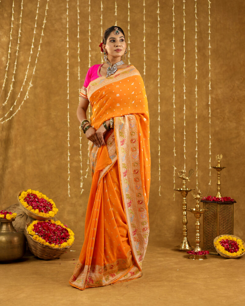 Exclusive Mustard Yellow Pure Khaddi Georgette Banarasi Saree