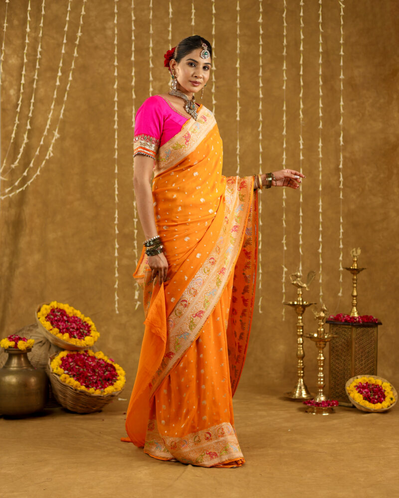 Exclusive Mustard Yellow Pure Khaddi Georgette Banarasi Saree - Image 2