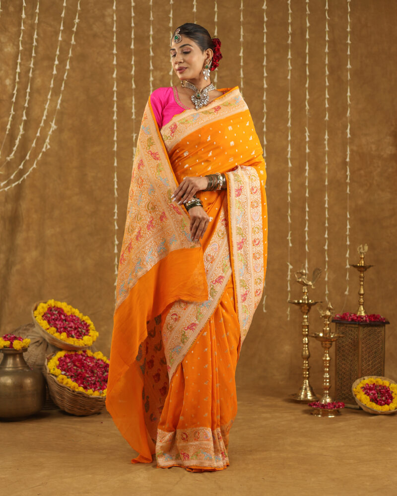Exclusive Mustard Yellow Pure Khaddi Georgette Banarasi Saree - Image 3