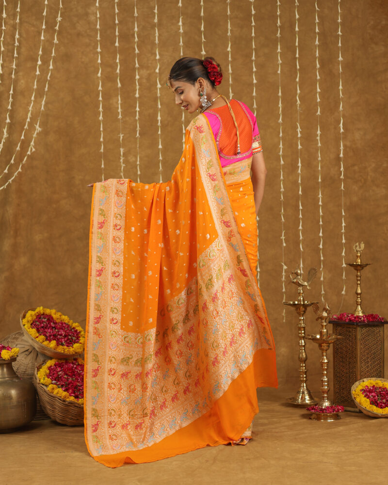 Exclusive Mustard Yellow Pure Khaddi Georgette Banarasi Saree - Image 4