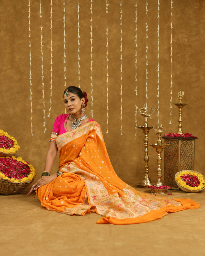 Exclusive Mustard Yellow Pure Khaddi Georgette Banarasi Saree - Image 5