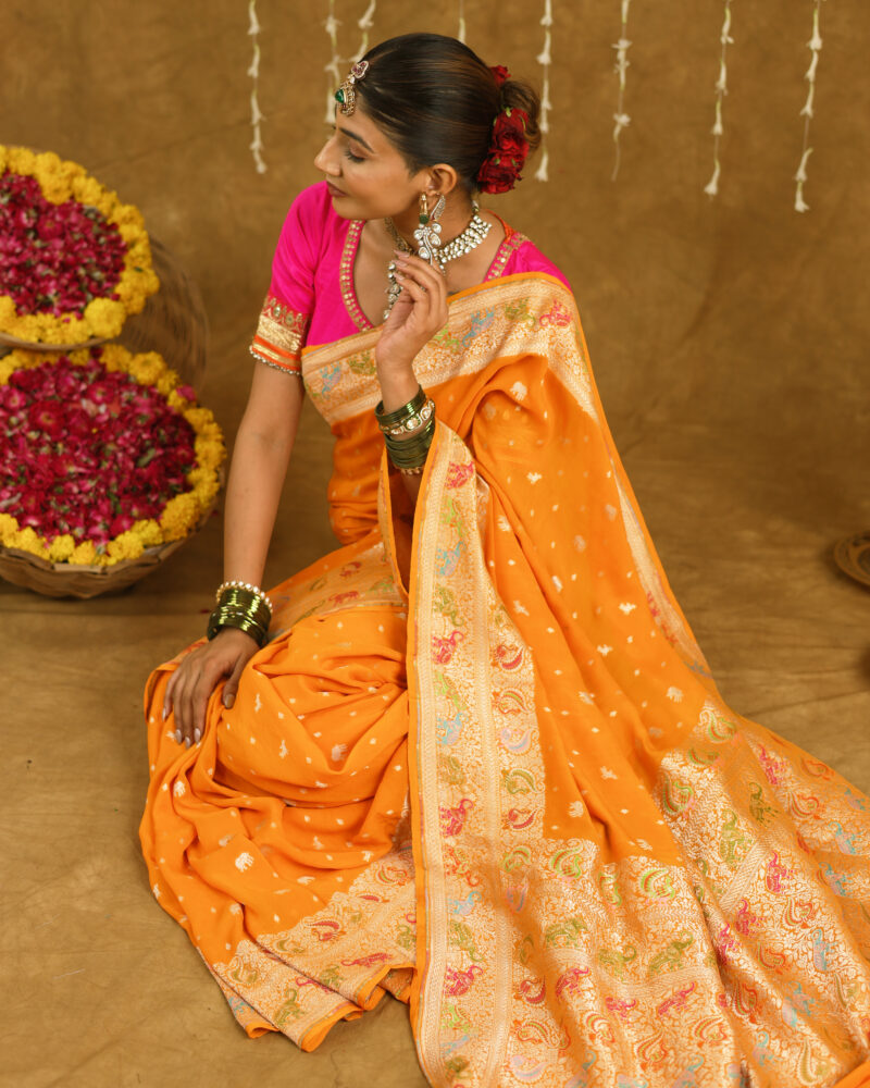 Exclusive Mustard Yellow Pure Khaddi Georgette Banarasi Saree - Image 6
