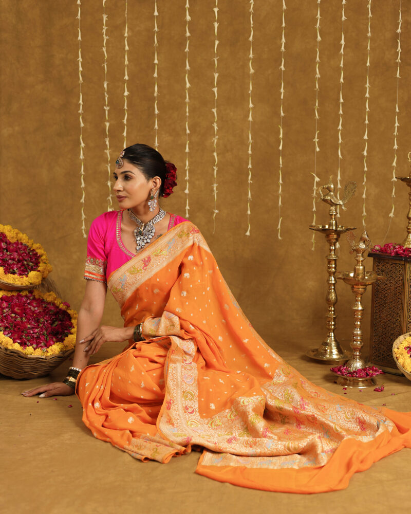 Exclusive Mustard Yellow Pure Khaddi Georgette Banarasi Saree - Image 7