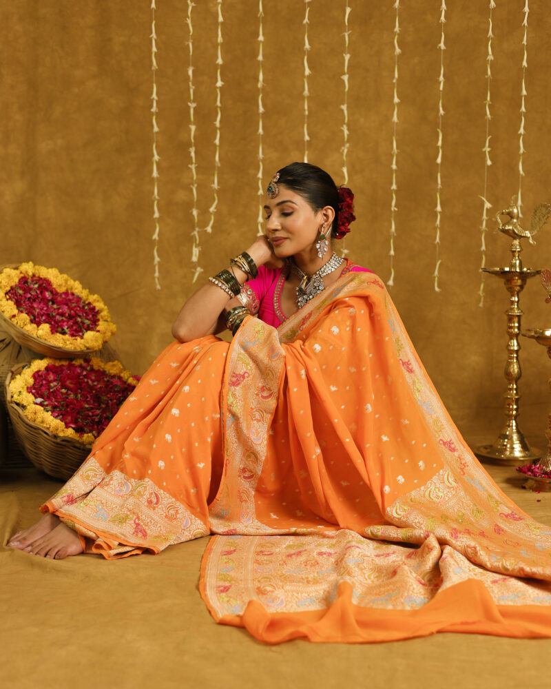 Exclusive Mustard Yellow Pure Khaddi Georgette Banarasi Saree - Image 8