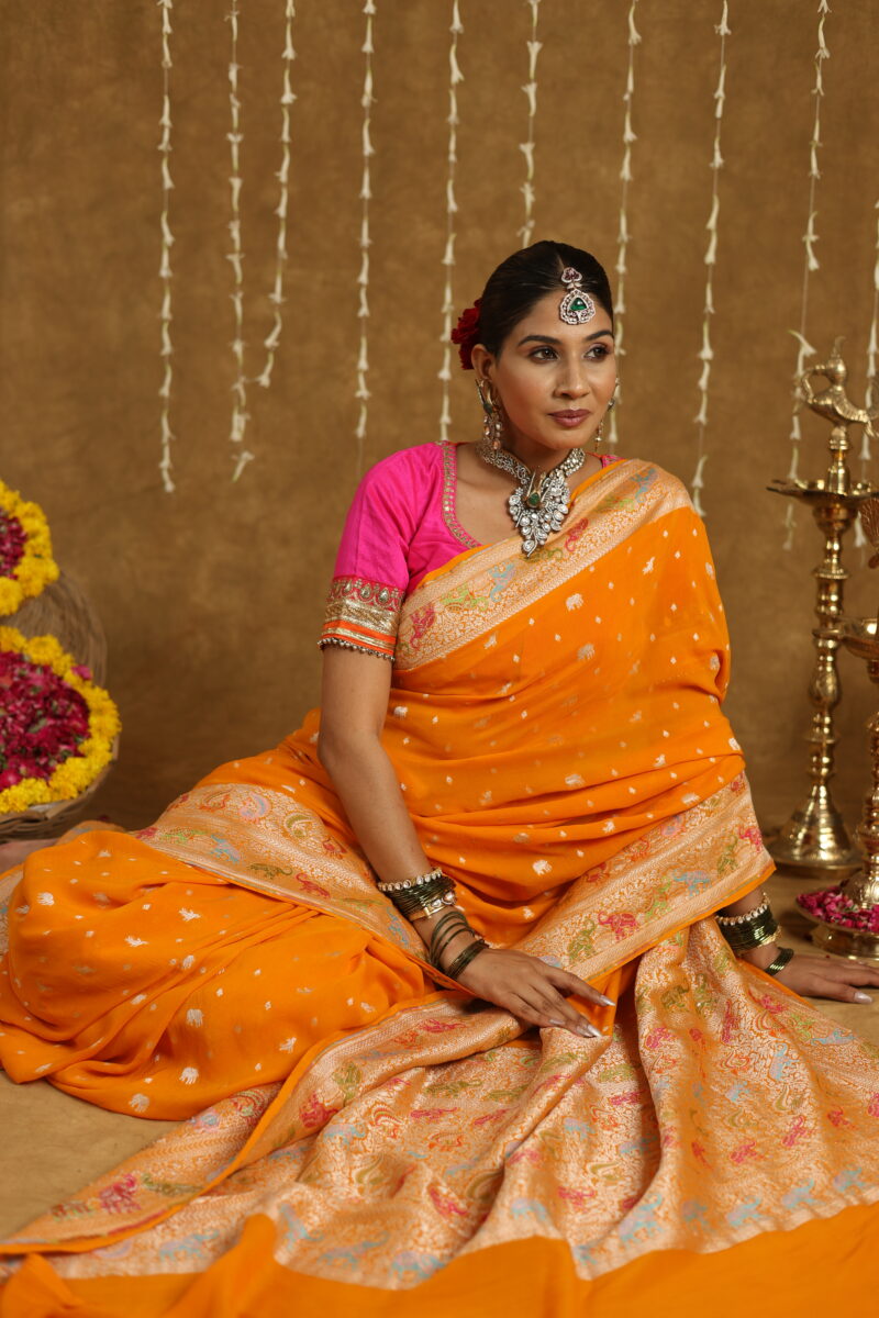 Exclusive Mustard Yellow Pure Khaddi Georgette Banarasi Saree - Image 9