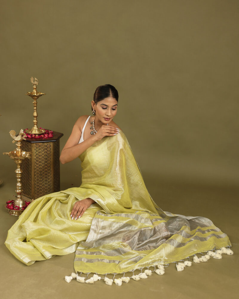 Navya Lime - Tissue Saree In Mul Cotton - Image 9