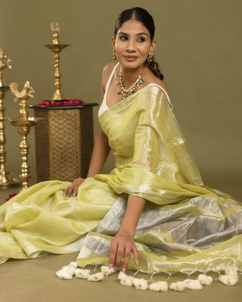 Navya Lime - Tissue Saree In Mul Cotton - Image 8