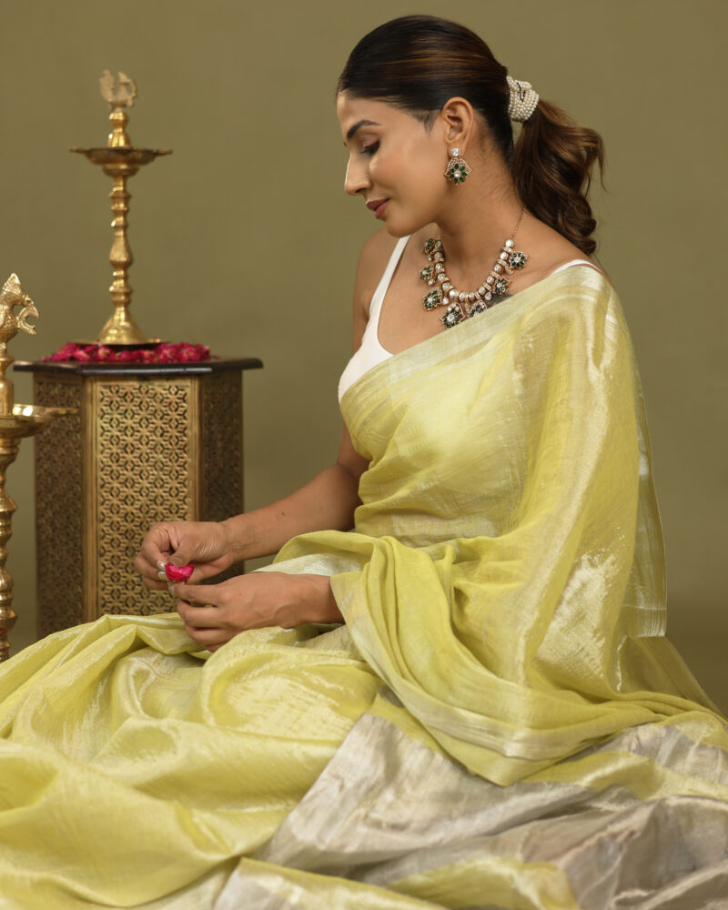 Navya Lime - Tissue Saree In Mul Cotton - Image 7