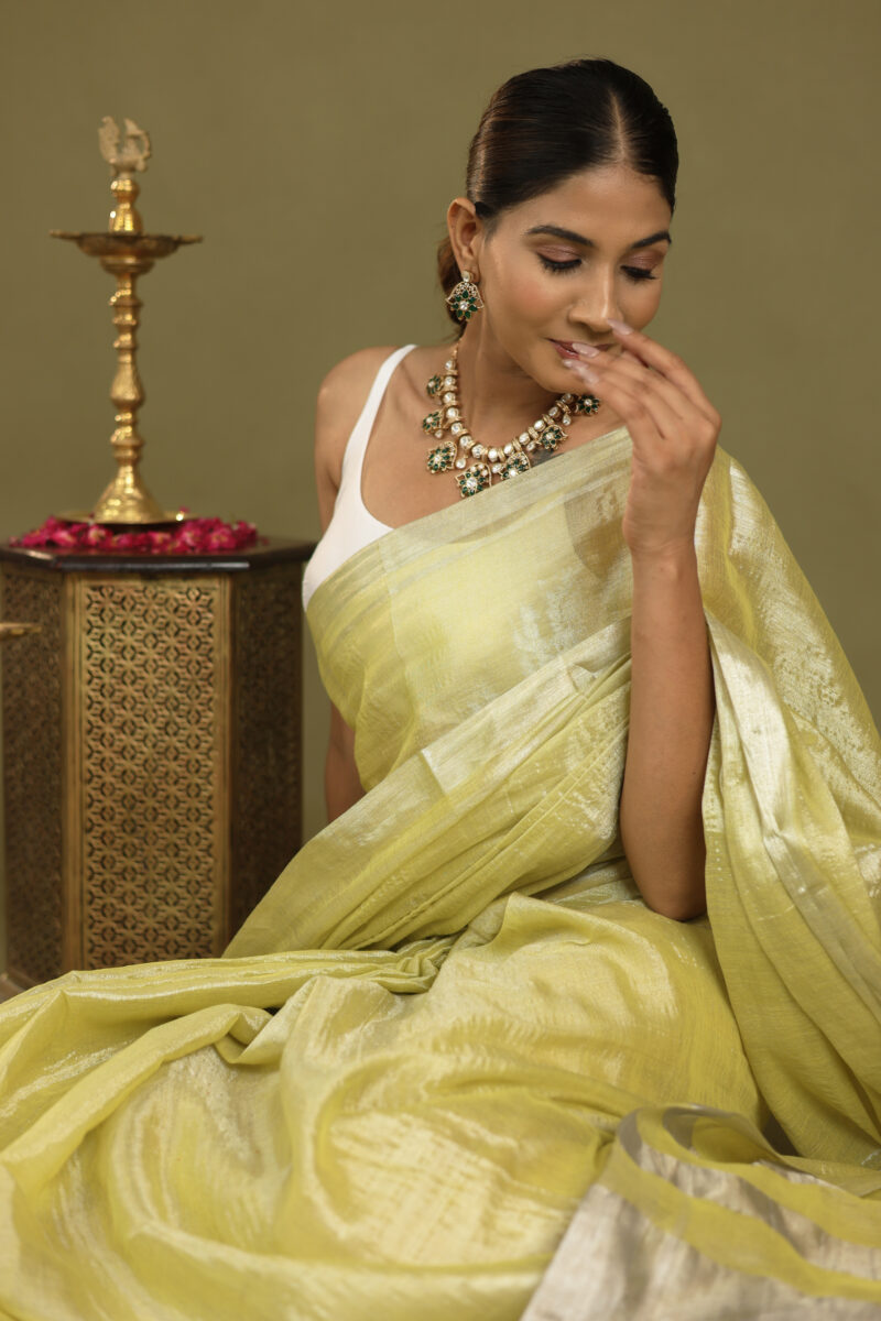 Navya Lime - Tissue Saree In Mul Cotton - Image 6